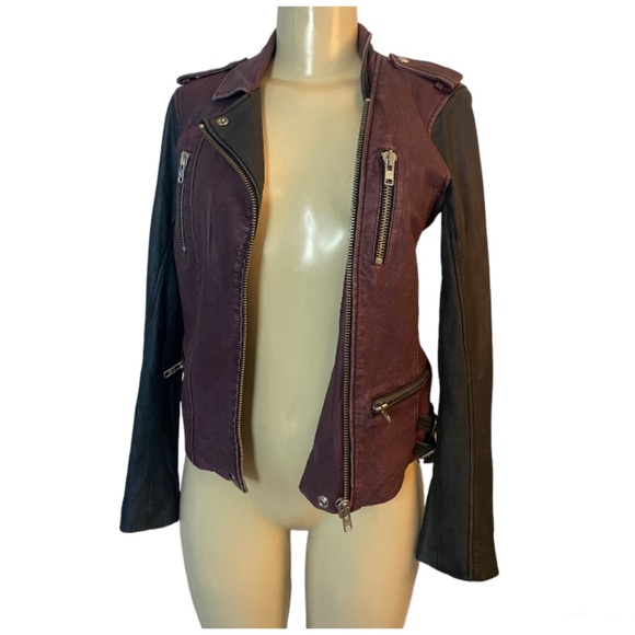 IRO Anabela Black Purple Two Tone Color Block Leather Jacket Size Small - Picture 3 of 12